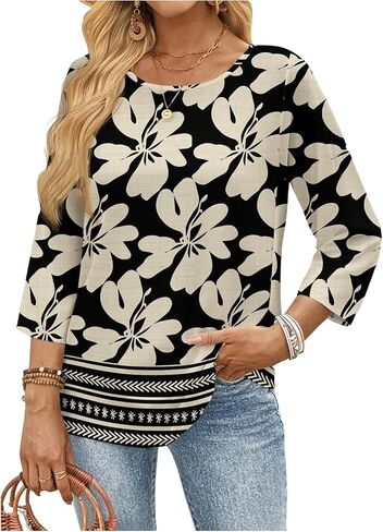 OYOANGLE Women's Zebra Striped 3/4 Sleeve Blouses Crew Neck Flowy Dressy Blouse Tops in Saudi Arabia