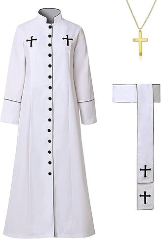 Gocos Clergy Robe Set with Cross, Full Length Button-Down, Black with White Trim, Includes Stole and Gold Cross Necklace in Saudi Arabia
