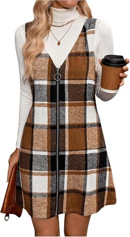Milumia Women's Plaid Overall Dress Zip Front V Neck Sleeveless Knit Jumper Dresses in Saudi Arabia