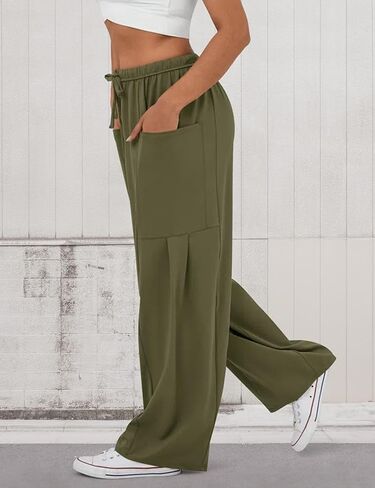 Womens Wide Leg Palazzo Pants Casual High Waisted Adjustable Tie Knot Flowy Trousers Summer Lounge Pant with Pockets in Saudi Arabia