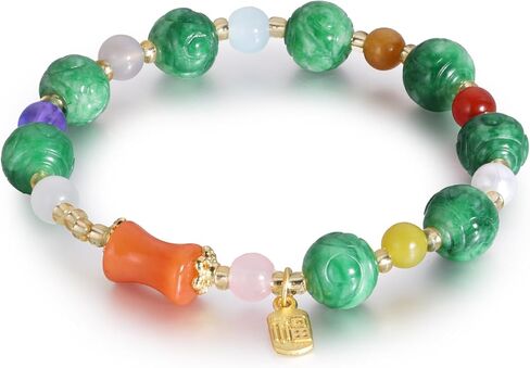 سوار مطرز باليشم الطبيعي مصنوع يدويًا للنساء والرجال - سوار مطاطي من الأحجار الكريمة من اليشم الأخضر/الأبيض الأصلي - هدية مجوهرات شفاء الطاقة المحظوظة من أجل السلام والازدهار والحماية in Kuwait