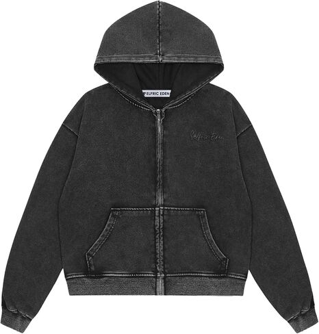 Aelfric Eden Hoodies Washed Solid Zip Up Hoodie Casual Cropped Hooded Sweatshirt Long Sleeve Zipper Pullover Streetwear in Saudi Arabia