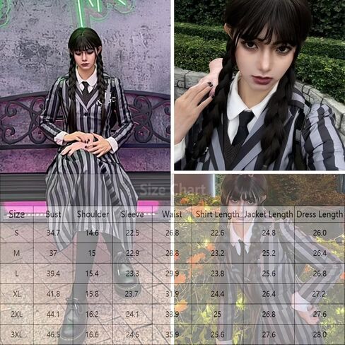 Women Goth School Uniform Cosplay Costume Pleated Dress Skirt Grey Stripes Suit Party Halloween Outfits in Saudi Arabia