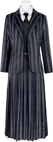 Women Goth School Uniform Cosplay Costume Pleated Dress Skirt Grey Stripes Suit Party Halloween Outfits in Saudi Arabia
