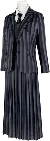 Women Goth School Uniform Cosplay Costume Pleated Dress Skirt Grey Stripes Suit Party Halloween Outfits in Saudi Arabia