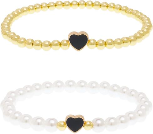 مجموعة أساور على شكل قلب مطرز على شكل كرة بيضاء من BXDA للنساء، قطعتان من الخرز الذهبي المصنوع يدويًا من اللؤلؤ وقابل للتكديس هدية مجوهرات أنيقة. in Saudi Arabia