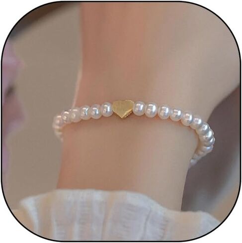 GIGB PBDK Gold Heart Pearl Stretch Bracelet for Women Fashion Exquisite Pearl Love Statement Bangles Minimalist Pearl Elastic Bracelet Valentine's Day Jewelry in Saudi Arabia