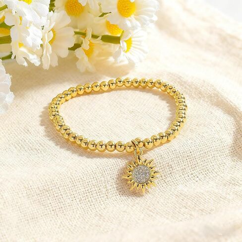 Hellodr Gold Beaded Charms Bracelet for Women, 18K Gold Plated Stretch Bracelets with Sun Moon Charm, Ideal Jewelry Gifts for Her Birthday on Special Occasions in Saudi Arabia