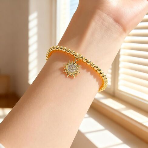 Hellodr Gold Beaded Charms Bracelet for Women, 18K Gold Plated Stretch Bracelets with Sun Moon Charm, Ideal Jewelry Gifts for Her Birthday on Special Occasions in Saudi Arabia