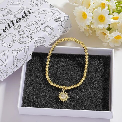 Hellodr Gold Beaded Charms Bracelet for Women, 18K Gold Plated Stretch Bracelets with Sun Moon Charm, Ideal Jewelry Gifts for Her Birthday on Special Occasions in Saudi Arabia