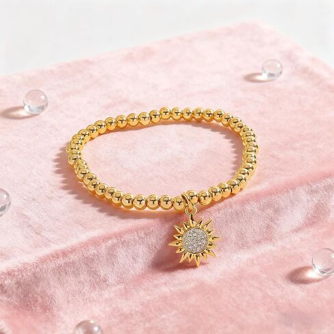 Hellodr Gold Beaded Charms Bracelet for Women, 18K Gold Plated Stretch Bracelets with Sun Moon Charm, Ideal Jewelry Gifts for Her Birthday on Special Occasions in Saudi Arabia