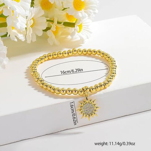 Hellodr Gold Beaded Charms Bracelet for Women, 18K Gold Plated Stretch Bracelets with Sun Moon Charm, Ideal Jewelry Gifts for Her Birthday on Special Occasions in Saudi Arabia