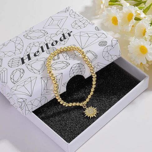 Hellodr Gold Beaded Charms Bracelet for Women, 18K Gold Plated Stretch Bracelets with Sun Moon Charm, Ideal Jewelry Gifts for Her Birthday on Special Occasions in Saudi Arabia