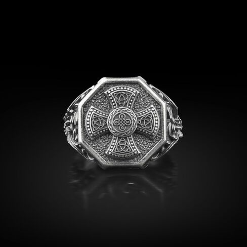 the roller stone - Silver Celtic Knot in Cross Signet Ring, Engraved Trinity and Infinity Knot in Cross Patte Ring, Minimalist Mythology Jewelry in Saudi Arabia