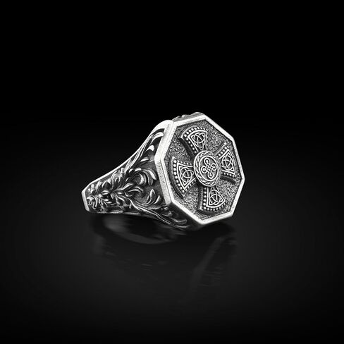 the roller stone - Silver Celtic Knot in Cross Signet Ring, Engraved Trinity and Infinity Knot in Cross Patte Ring, Minimalist Mythology Jewelry in Saudi Arabia