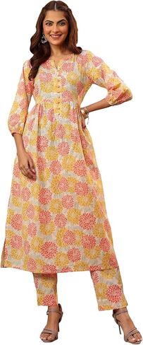 Janasya Indian Women's Cotton Off White Floral Print Casual Wear Kurta Set for Women in Saudi Arabia