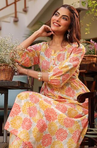 Janasya Indian Women's Cotton Off White Floral Print Casual Wear Kurta Set for Women in Saudi Arabia