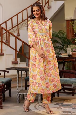 Janasya Indian Women's Cotton Off White Floral Print Casual Wear Kurta Set for Women in Saudi Arabia