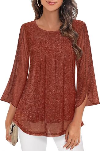 Viracy المرأة متأنق القمم Crewneck 3/4 كم تونك القمم مطوي الجبهة طبقات مزدوجة شبكة مطاطية قمصان العمل عادية Flowy in Saudi Arabia