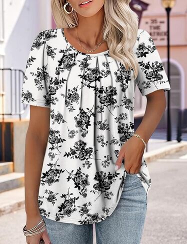 Women's Summer Short Sleeve Tunic Top Pleated Front Loose Fit T-Shirts for Leggings in Saudi Arabia