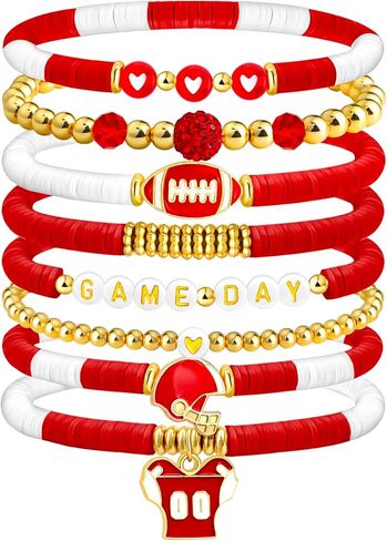 Nanafast 8 Pieces Game Day Football Bracelets for Women Stackable Beaded Stretch Bracelet Football Jewelry for Game Day Outfits Sport Fans Gifts in Saudi Arabia