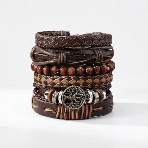 6 Men'S And Women'S Minimalist Woven Bracelets, Hand Woven Leather Bracelets With Adjustable Ethnic Punk Style Wooden Beads in Saudi Arabia