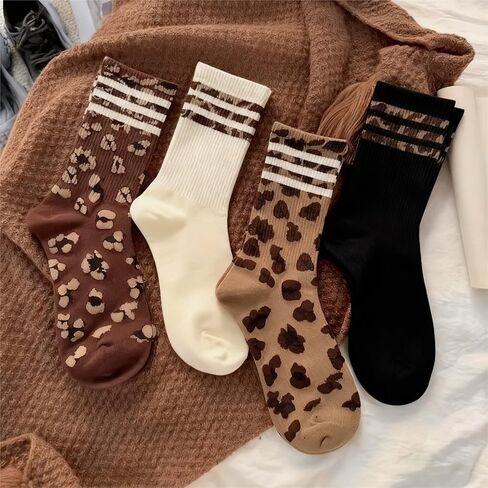 4 Pairs Women’s Crew Socks, Leopard Print Retro Fashion Socks, Soft Breathable Fabric for Daily Wear, Casual Outings & Sneaker Matches, Stylish Comfortable Footwear in Saudi Arabia