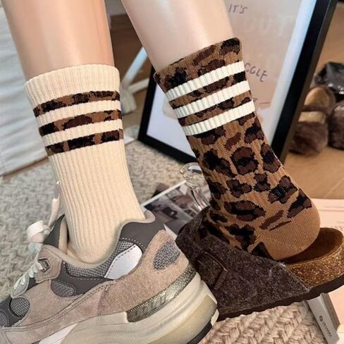 4 Pairs Women’s Crew Socks, Leopard Print Retro Fashion Socks, Soft Breathable Fabric for Daily Wear, Casual Outings & Sneaker Matches, Stylish Comfortable Footwear in Saudi Arabia