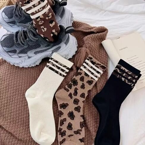 4 Pairs Women’s Crew Socks, Leopard Print Retro Fashion Socks, Soft Breathable Fabric for Daily Wear, Casual Outings & Sneaker Matches, Stylish Comfortable Footwear in Saudi Arabia
