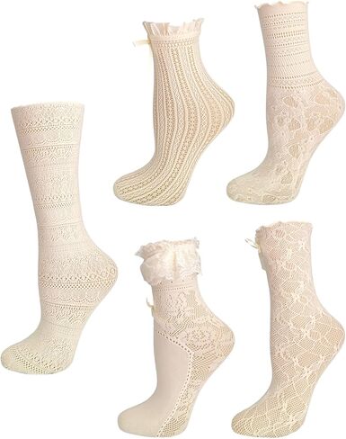 Luvrionex 5 Pairs Lace Ruffle Socks for Women Frilly Crew Bow Socks Cream Princess Lolita Gift in Saudi Arabia