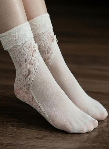 Luvrionex 5 Pairs Lace Ruffle Socks for Women Frilly Crew Bow Socks Cream Princess Lolita Gift in Saudi Arabia