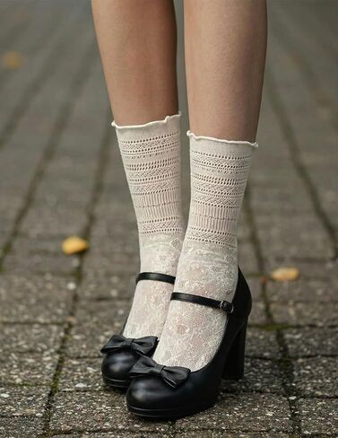 Luvrionex 5 Pairs Lace Ruffle Socks for Women Frilly Crew Bow Socks Cream Princess Lolita Gift in Saudi Arabia