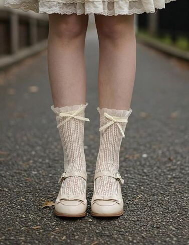 Luvrionex 5 Pairs Lace Ruffle Socks for Women Frilly Crew Bow Socks Cream Princess Lolita Gift in Saudi Arabia
