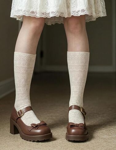 Luvrionex 5 Pairs Lace Ruffle Socks for Women Frilly Crew Bow Socks Cream Princess Lolita Gift in Saudi Arabia