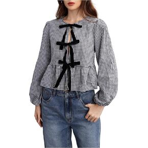 MakeMeChic Women's Gingham Babydoll Top Plaid Shirt Puff Long Sleeve Ruffle Peplum Bow Tie Front Y2k Fall Blouses in Saudi Arabia