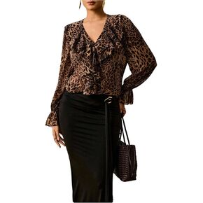 Floerns Women's Plus Size Cheetah Long Sleeve Shirts Ruffle V Neck Night Out Tops in Saudi Arabia