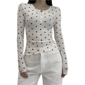 Floerns Women's Polka Dots Top Long Sleeve Ribbed Half Button Casual Henley Shirts in Saudi Arabia