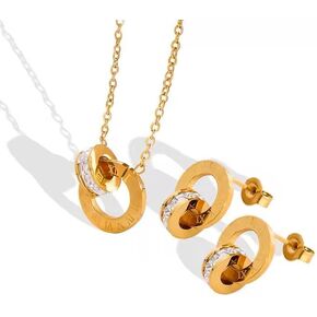 Gold Tone Jewelry Set with Roman Numeral, Dainty Design 18 Inch Chain Necklace and Earrings with Crystals - 18K Stainless Steel Gold-Plated Chain Trendy Gifts for Women (Earrings & Necklace Set) in Saudi Arabia