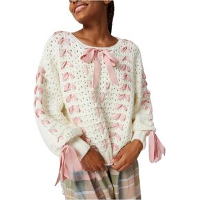 المرأة لطيف القوس سترة طويلة الأكمام القوس الجبهة بلوفر مغزول الشريط الدانتيل يصل كابل البلوز تريكو الخروج in Kuwait