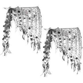 MECCANIXITY Women's Belly Dance Hip Scarf with Sequins Mesh Triangle Wrap Skirts Waist Chain for Music Festival Party Costume Performance(Black, Pack of 2) in Kuwait