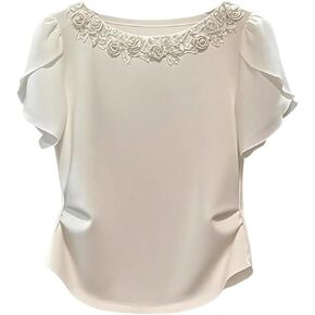 Verdusa Women's Dressy Casual Floral Embroidery Short Sleeve T Shirts Elegant Ruffle Work Tees Basic Tops in Saudi Arabia