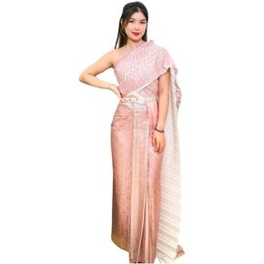 Traditional Thai Dress Set – Elegant Narin Style Outfit with Long Shawl – Formal Cultural Attire for Women (Accessories Not Included) Random Color Multi in Kuwait