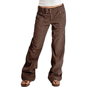 Flamingals Womens Wide Straight Leg Cargo Pants Mid Waist Y2K Vintage Washed Seam Front Belted Streetwear Trousers Pants in Kuwait