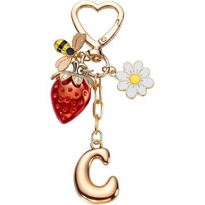 Novabright Initial Strawberry Keychain for Women with Bee Daisy Valentine's Day Gold Alphabet Keychain Gift in Kuwait