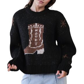 Women’s Oversized Knit Sweater – Cowboy Boots Graphic Pullover with Drop Shoulder, Long Sleeve, Western Style in Saudi Arabia