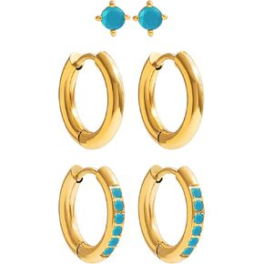 3 Pairs Small Hoop Earrings Set,Heart Turquoise Earrings for Women,18K Gold Plated Stainless Steel Cartilage Earrings for Multiple Piercings,Dainty Chain Earrings Hypoallergenic Jewelry Gift for Her in Saudi Arabia
