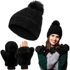 Chicingyou Winter Beanie Hat Gloves Set Furry Hat with Yarn Pom Warm Skull Cap Soft Gloves for Women in Saudi Arabia