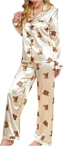 SweatyRocks Women's Silk Stain 2 Piece Pajama Set Bear Print Long Sleeve Button Down Loungewear and Pants Pj Sets Sleepwear in Saudi Arabia