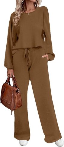 Ekouaer Knit Lounge Sets for Women 2 Piece Cozy Long Sleeve Pullover Sweater Top and Wide Leg Pants Set Pajamas Outfits in Saudi Arabia