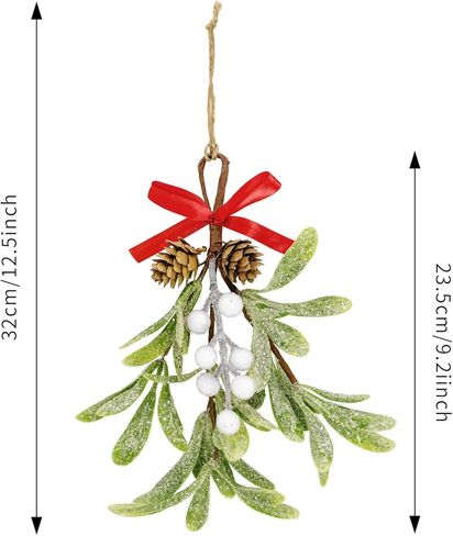 Christmas Mistletoe Decorations Frosted Artificial Mistletoe Ornaments with Bows Berries Pine Cones Snowy Fake Hanging Kissing Plant Stems for Xmas Tree Picks Doorway Holiday Decor (2, Red White) in Saudi Arabia